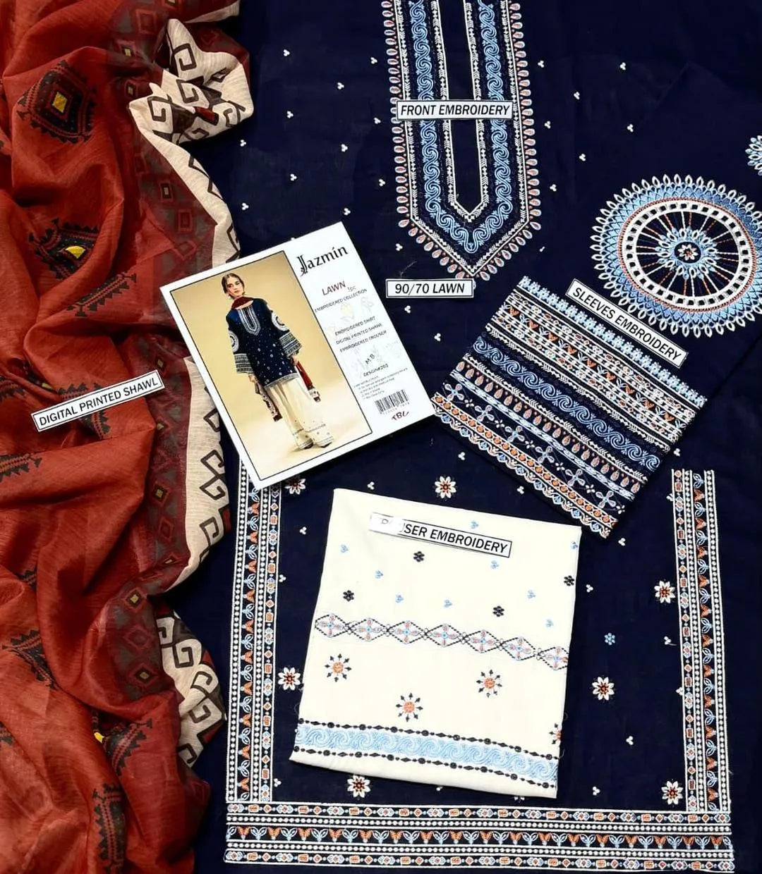 3 Pcs Women's Unstitched Embroidered Suit