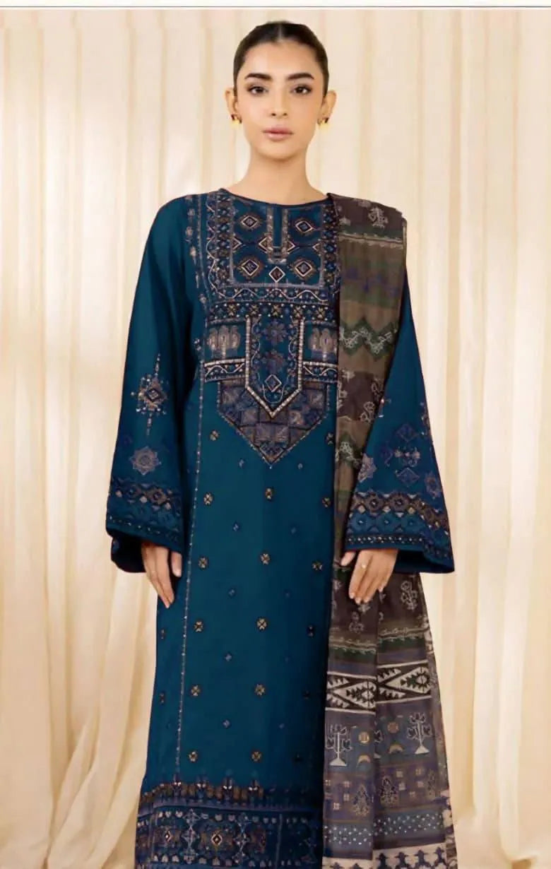 3 Pcs Women's Unstitched Embroidered Suit