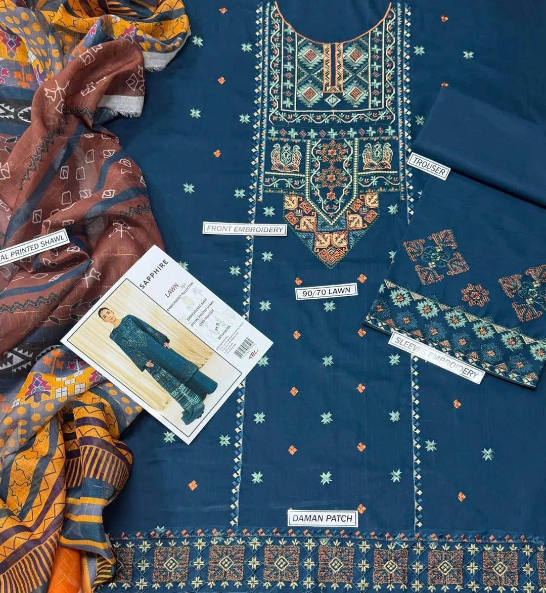 3 Pcs Women's Unstitched Embroidered Suit